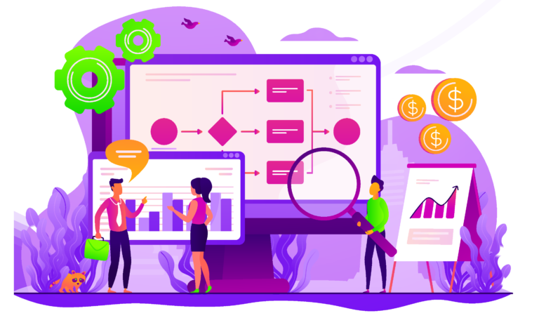 Illustration of a team reviewing business process workflows and growth charts